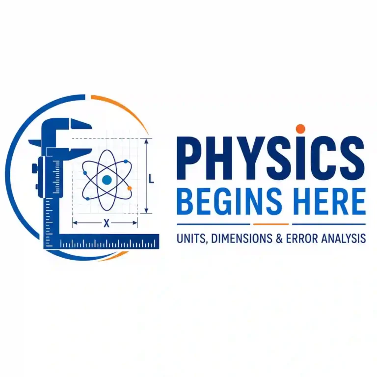 Logo for the course Physics Begins Here: Units, Dimensions & Error Analysis, featuring a vernier caliper, ruler, atom symbol, graph grid, and dimensional arrows.