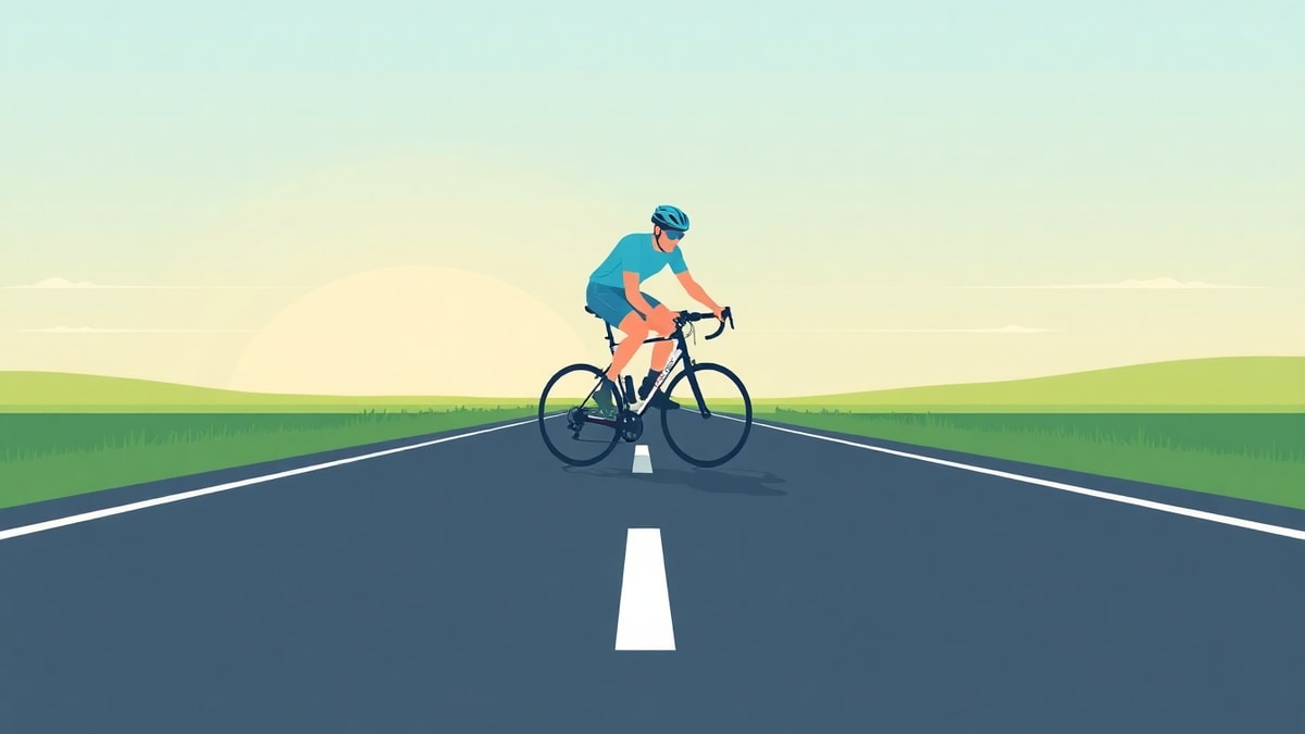 Predicting-Distance-Over-Time-Solving-Linear-Kinematic-Equations-1 A minimalist vector illustration of a cyclist in a blue jersey and helmet riding a road bike down the middle of an empty paved road at sunrise.