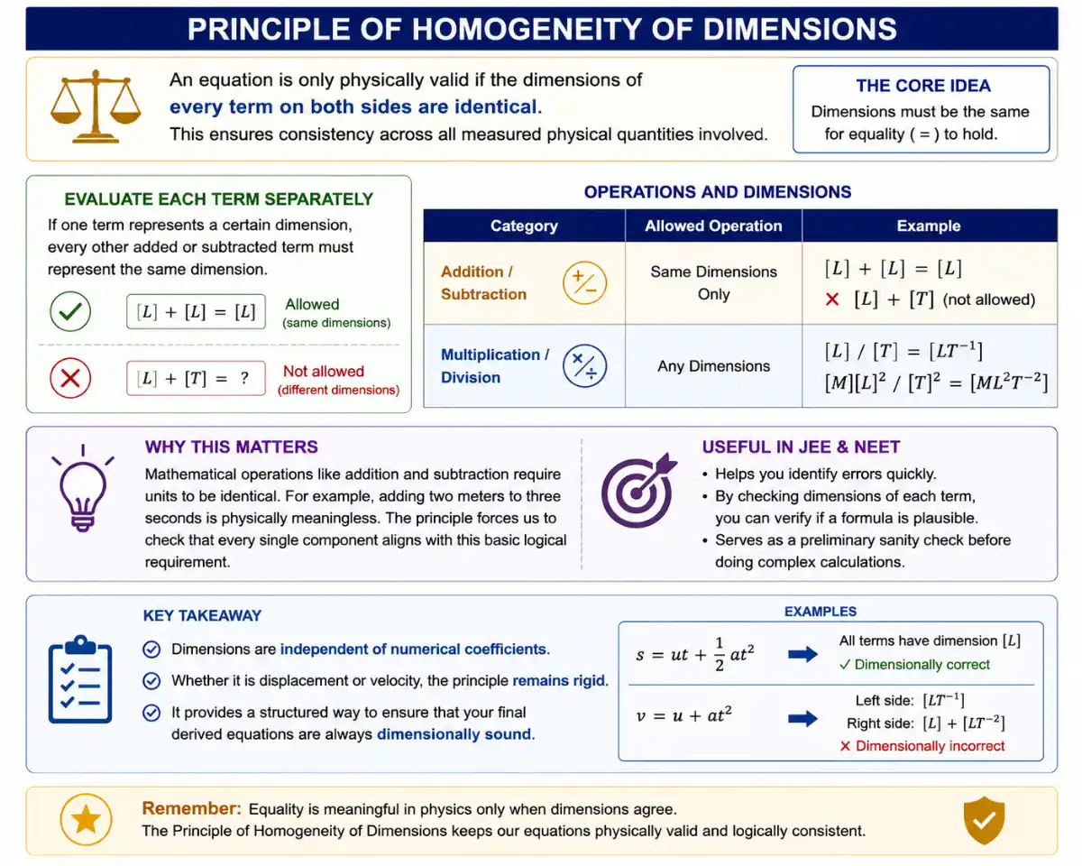 An infographic titled 'Principle of Homogeneity of Dimensions' explains that for an equation to be physically valid, all terms on both sides must have identical dimensions. It details rules for addition/subtraction (only same dimensions allowed) and multiplication/division (any dimensions allowed), explains why the principle is important for physics consistency and exam preparation, and provides examples such as checking equations like s = ut + 1/2at^2.