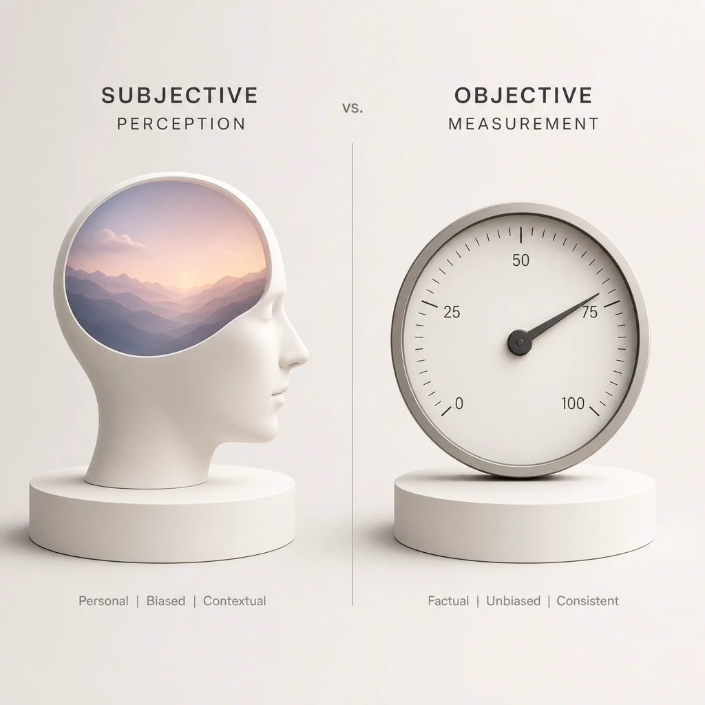 This diagram clearly contrasts subjective perception, represented by a human head with a landscape inside (personal, biased, contextual), with objective Physics Measurement, shown as a precise gauge displaying a numerical value (factual, unbiased, consistent).