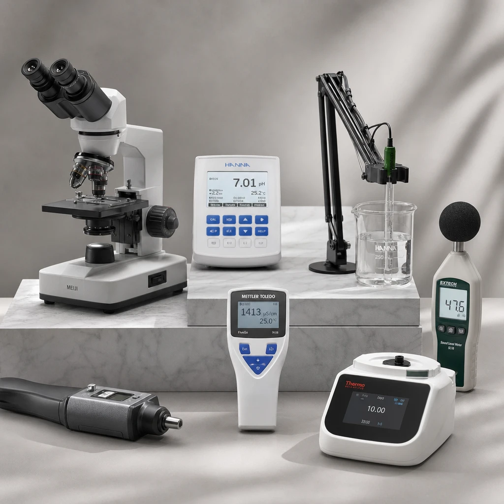 Physics Measurement is exemplified by this collection of scientific instruments, including a microscope, pH meter, conductivity meter, sound level meter, and other lab devices used for quantifying various physical properties.