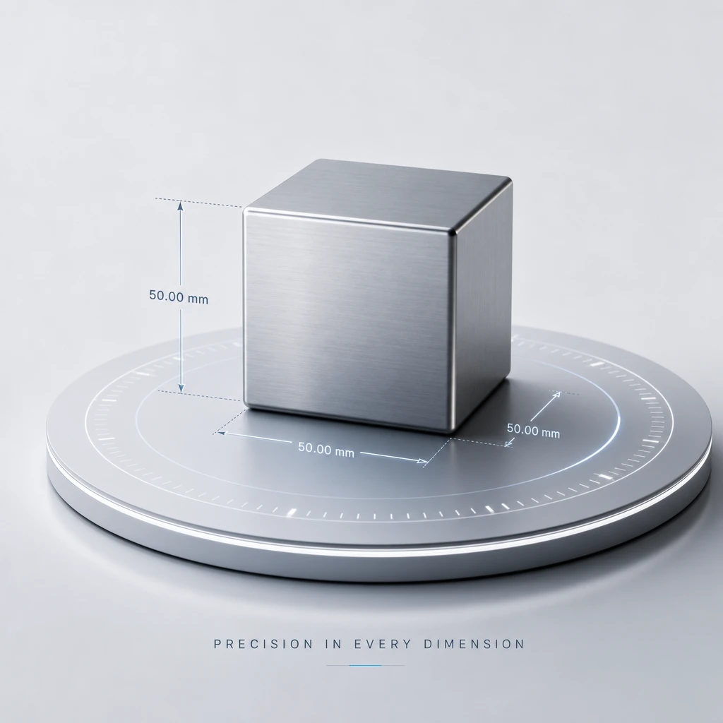 Physics Measurement is demonstrated by a precision image of a metallic cube on a measuring platform, with its dimensions clearly marked as 50.00 mm on all sides.