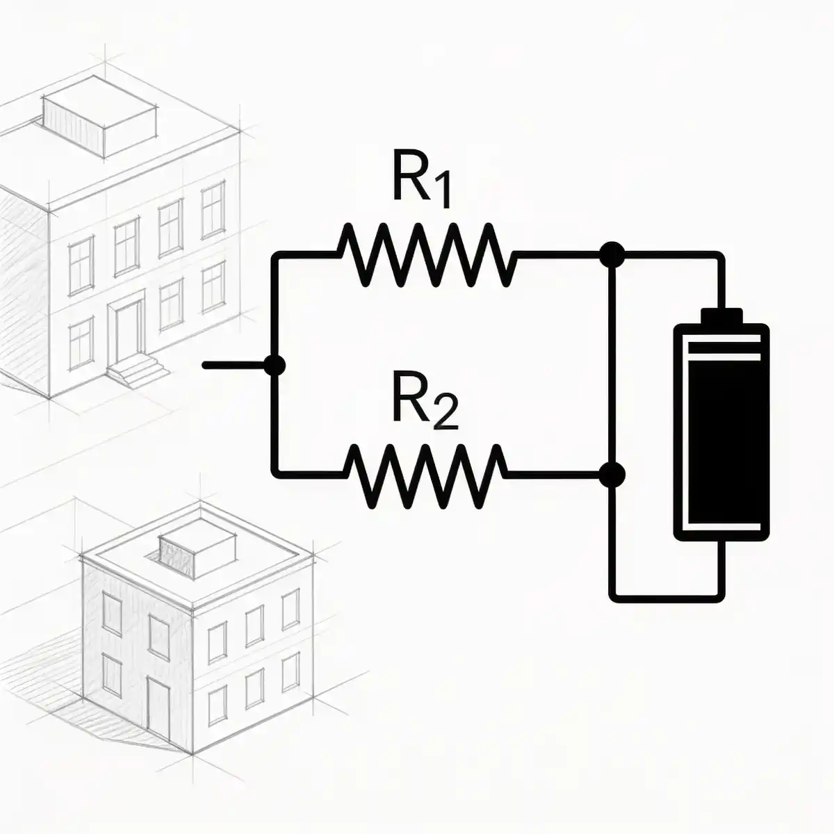 An electrical circuit diagram featuring two parallel resistors, labeled R1 and R2, connected to a battery, set against a background of isometric building sketches.