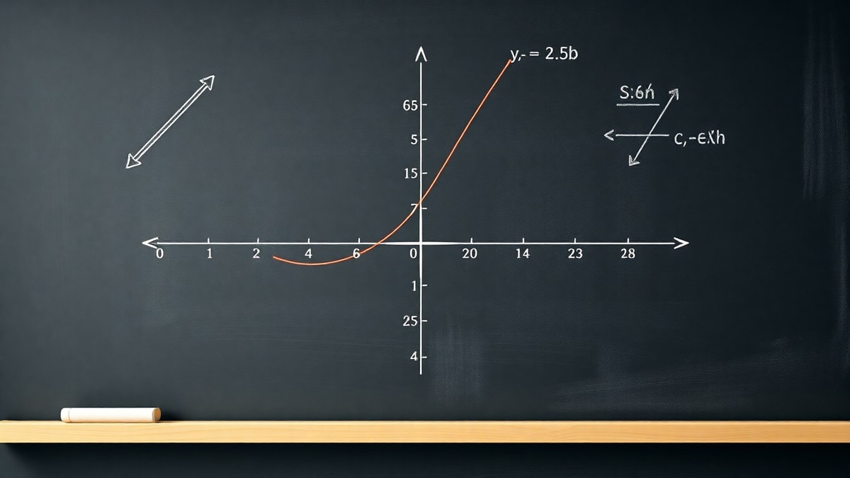 Understanding-Initial-Values-in-Linear-Equations-1 A blackboard illustration featuring a hand-drawn coordinate system with an orange curve representing a mathematical graph, accompanied by equations, diagrams, and a piece of white chalk on a wooden ledge.