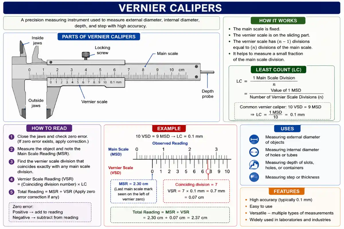 An instructional overview of Vernier Calipers, highlighting labeled parts such as inside and outside jaws, main scale, vernier scale, locking screw, and depth probe. It details the working principle, least count formula, steps to read measurements with an example calculation showing a total reading of 2.37 cm, and list of common uses and features.