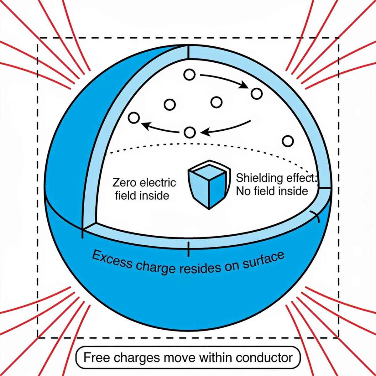 Gauss's Law Explanation: This diagram illustrates the properties of conductors, showing a blue spherical conductor with an external electric field (red lines). Inside the conductor, free charges move, but the electric field is zero, demonstrating the shielding effect, and all excess charge resides on its surface.