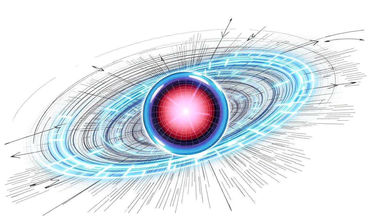 An artistic scientific illustration of a glowing sphere with a bright red core and blue outer shell, surrounded by glowing neon-blue digital rings and sketchy black vector lines with arrows indicating motion and force fields.