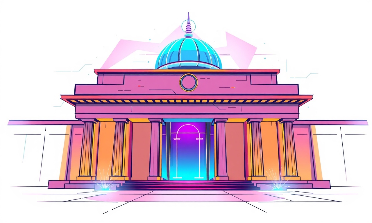 This vibrant vector illustration provides a conceptual Gauss's Law Explanation, depicting a grand, futuristic building with a blue dome, pink facade, and classical columns, featuring glowing blue and purple details.