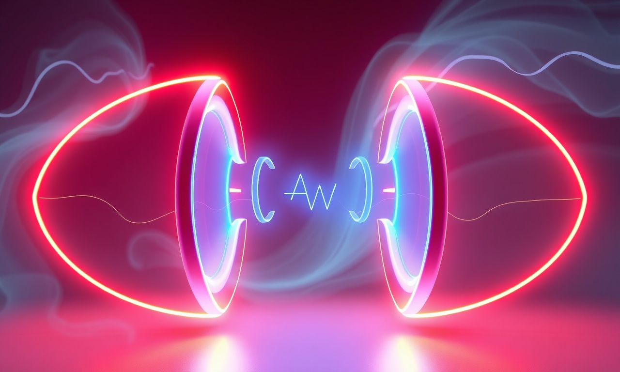 Gauss's Law Explanation is depicted in a futuristic 3D graphic featuring two glowing magenta-red circular elements with central neon blue symbols, linked by red arcs and surrounded by wavy energy lines, representing electric fields and flux.